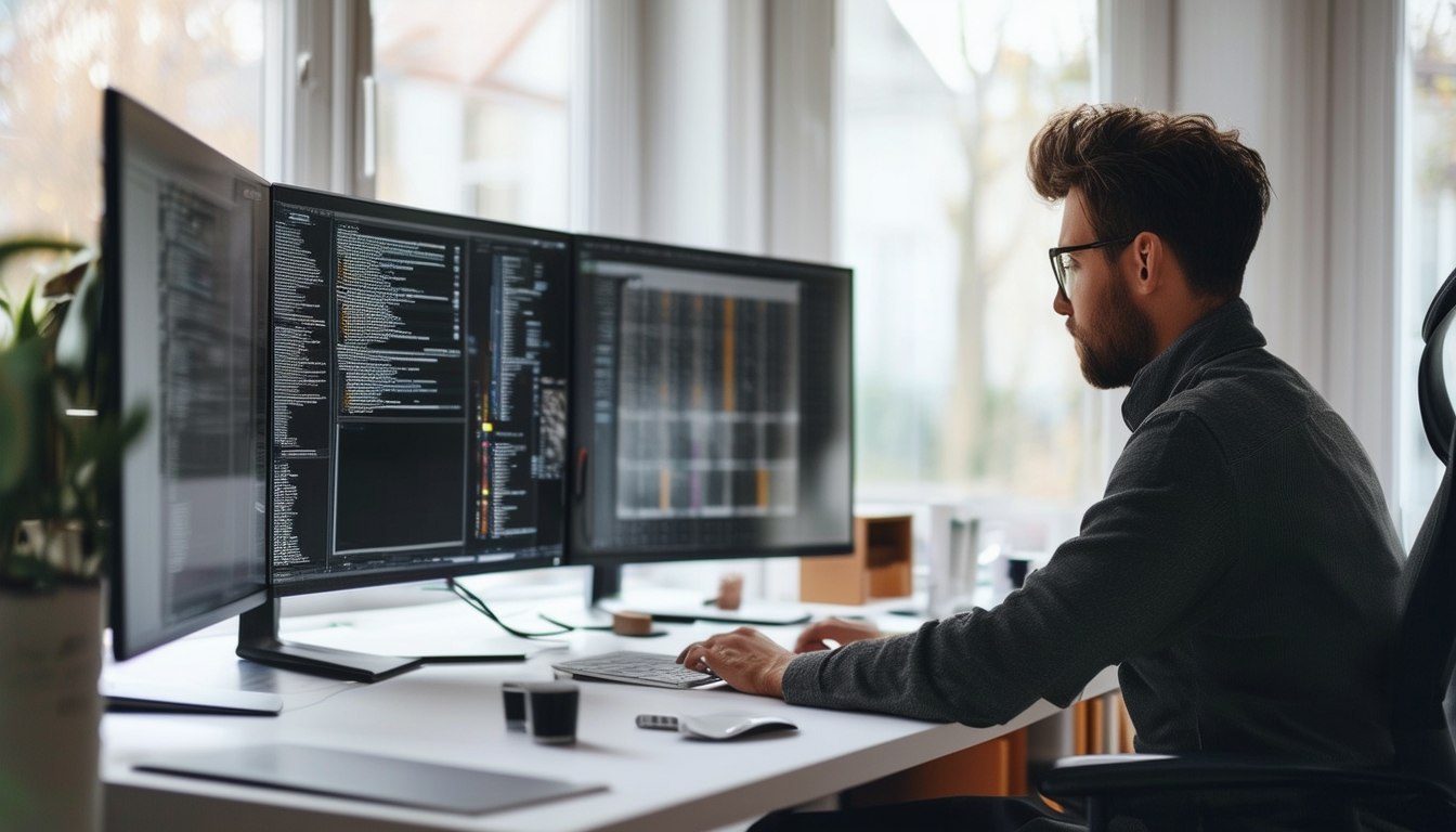 A focused individual working from a home office wi